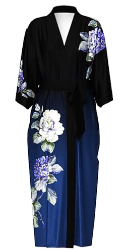 EORUBE Damen Morgenmantel Lange Satin Kimono Robe Blumen Seidiger Bademantel Brautjungfer Morgenmantel (Farbverlauf Navy - Pfingstrose) von EORUBE
