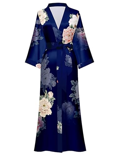 EORUBE Damen Morgenmantel Lange Satin Kimono Robe Blumen Seidiger Bademantel Brautjungfer Morgenmantel (Navy - Pfingstrose) von EORUBE