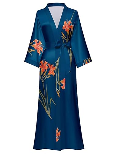 EORUBE Damen Morgenmantel Lange Satin Kimono Robe Blumen Seidiger Bademantel Brautjungfer Morgenmantel (Pfaublau - Freesie) von EORUBE