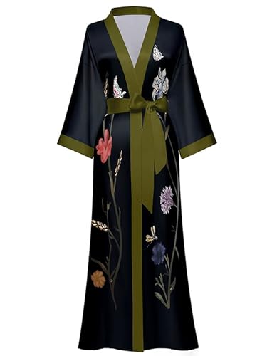 EORUBE Damen Morgenmantel Lange Satin Kimono Robe Blumen Seidiger Bademantel Brautjungfer Morgenmantel (Schwarz - Lange Blumenzweige) von EORUBE