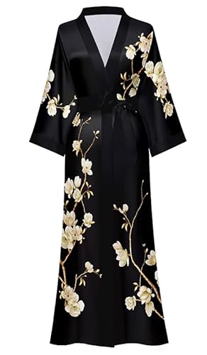 EORUBE Damen Morgenmantel Lange Satin Kimono Robe Blumen Seidiger Bademantel Brautjungfer Morgenmantel (Schwarz - Magnolia) von EORUBE
