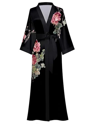 EORUBE Damen Morgenmantel Lange Satin Kimono Robe Blumen Seidiger Bademantel Brautjungfer Morgenmantel (Schwarz - Pfingstrose) von EORUBE