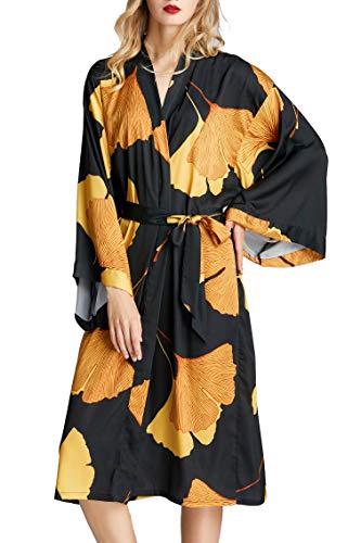 EORUBE Damen Morgenmantel Lange Satin Kimono Robe Ginkgo Blatt Muster Braut Brautjungfer Morgenmantel (Schwarz) von EORUBE