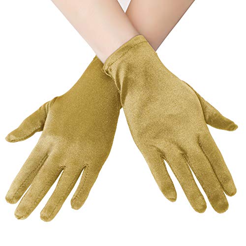 EORUBE Kurze Opernhandschuhe aus Satin für Frauen, Handgelenklänge, Bankett-Handschuhe, Teeparty, Halloween, Kostüm-Handschuhe Gr. Einheitsgröße, Glatt 8,6 – Gold von EORUBE