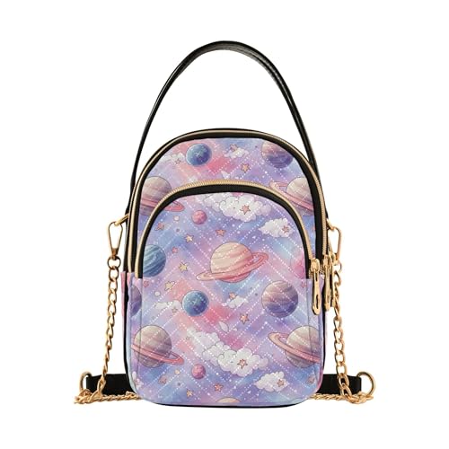 Bunte Cartoon-Planeten-Wolken, eine Schulter-Handtaschen, pastellfarbene Kette, Geldbörse, Handygeldbörse, gesteppter Reißverschluss, Lady Bowler Satchel von EOSDT