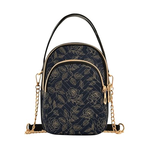 Damen Schulterhandtasche Mode Kettenriemen Telefon Geldbörse Handtasche gesteppt Reißverschluss Lady Bowler Satchel Elegant Gold Floral Blätter Schwarz von EOSDT