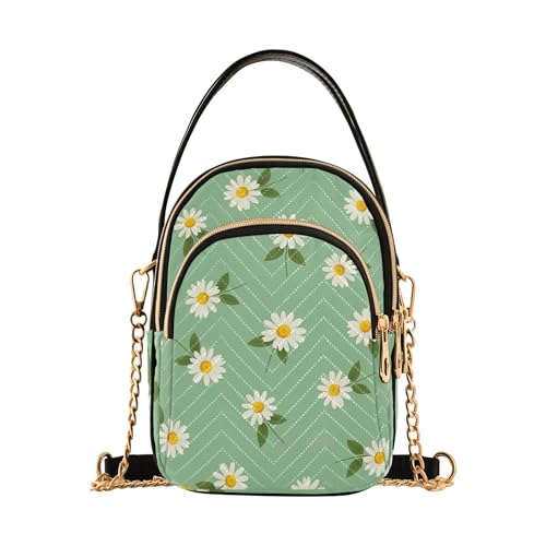 Damen-Schultertasche, Cartoon-Kettenriemen, Geldbörse, Handygeldbörse, gesteppt, Reißverschluss, Umhängetasche, Tragetasche, weiße Gänseblümchen, grüne Blätter Damen-Schultertasche, Cartoon-Kettenriemen, Geldbörse, Handygeldbörse, gesteppt, Reißverschluss, Umhängetasche, Tragetasche, weiße Gänseblümchen, grüne Blätter von EOSDT