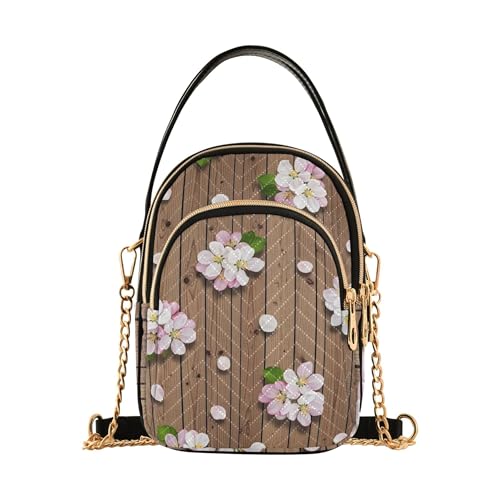 Damen-Schultertasche, Handtasche, kleine Kette, gesteppter Reißverschluss, Design mit rosa Blütenblättern, Braun von EOSDT