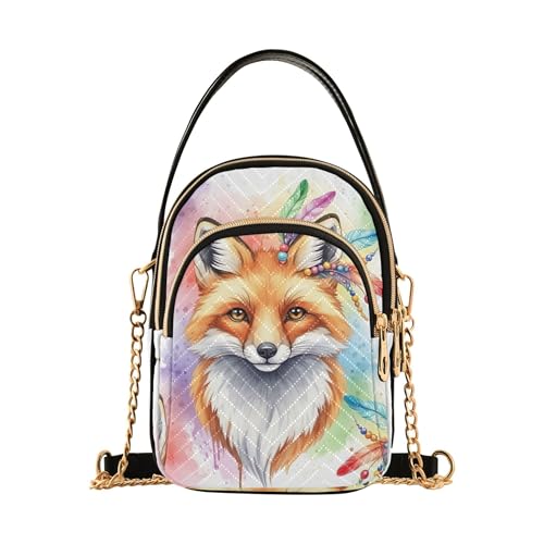 EOSDT Aquarell-Fuchs-Handtasche mit bunten Federn, eine Schulter-Handtasche, kleine Kette, Geldbörse, Blumendruck, Reißverschluss, Damen-Umhängetasche, 15 x 21 x 7,9 cm von EOSDT