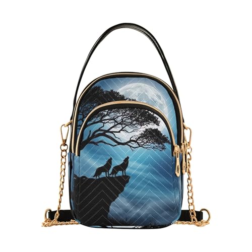 EOSDT Coole Wölfe Baum Mond Schultertasche Damen Handy Geldbörse Kette Riemen Handtasche Blumendruck Reißverschluss Crossbody Bowler Tasche, 15 cm × 21,1 cm × 7,9 cm von EOSDT