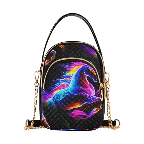 EOSDT Damen-Geldbörse mit einer Schultertasche, leuchtendes buntes Pferd, schwarz, gesteppt, Handy-Handtasche, kleine Kette, niedlicher Reißverschluss, Crossbody-Tasche, 15 x 21 x 7,9 cm von EOSDT