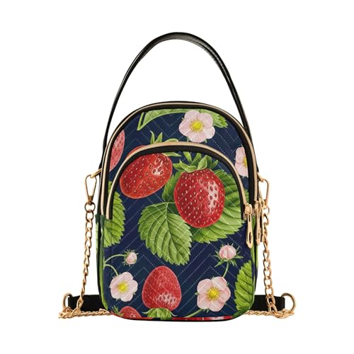 EOSDT Damen-Handtasche mit Cartoon-Erdbeeren, rosa Blumenmuster, gesteppt, Handy-Handtasche, kleine Kette, Geldbörse, niedliche Damen-Umhängetasche von EOSDT
