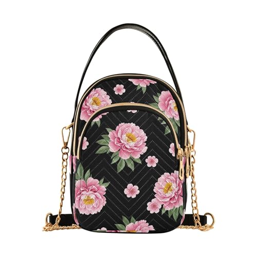 EOSDT Damen-Schultertasche, Handtasche, Handtasche, Kette, Reißverschluss, gesteppt, mit Pfingstrosen, Schwarz von EOSDT