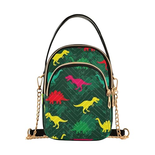 EOSDT Damen-Schultertasche, ästhetische Handyhandtasche, kleine Kette, gesteppter Reißverschluss, Bowler-Umhängetasche, bunter Dinosaurier, Rex-Grün von EOSDT