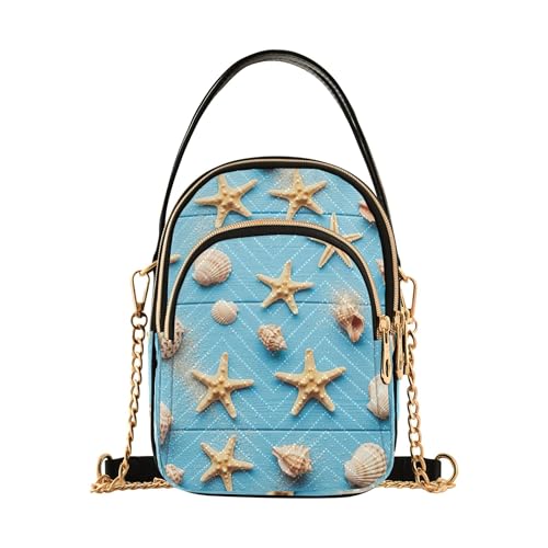 EOSDT Damen-Schultertasche, gesteppter Kettenriemen, Motiv: Muscheln, Seestern-Design, Blau von EOSDT
