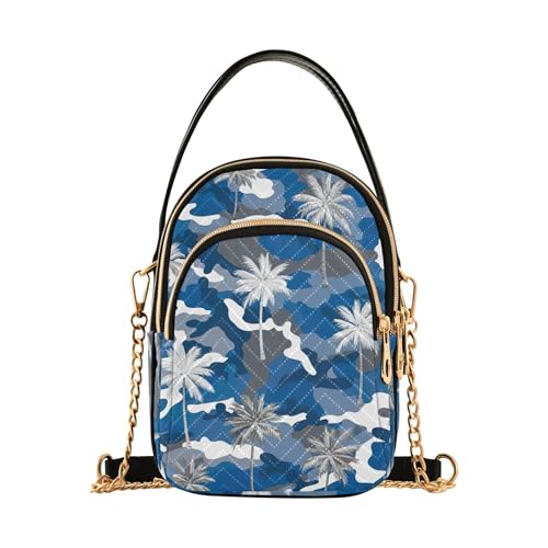EOSDT Graue Kokosnussbäume blaue Camouflage-Schultertasche für Damen, Handy-Handtasche, kleine Kette, Geldbörse, Blumendruck, Designer-Umhängetasche, 15 x 21 x 7,9 cm von EOSDT