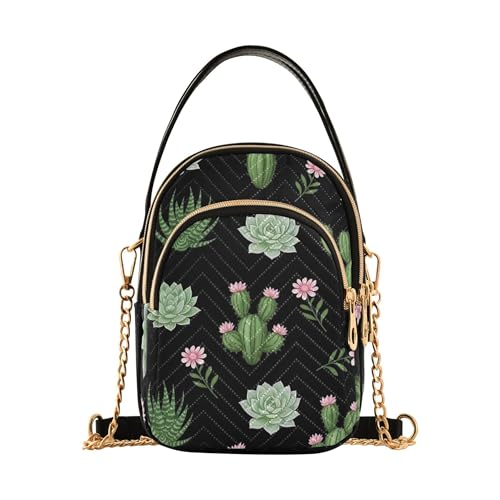 EOSDT Green Cacti Sukkulenten Schwarz Damen Schultertasche Trendy Kettenriemen Handy Handtasche Gesteppte Designer Umhängetasche von EOSDT