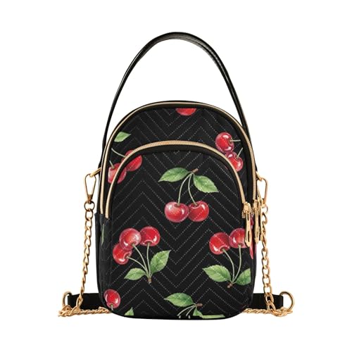 EOSDT Handtasche mit Aquarell-Kirschen-Blättern, schwarze Schultertasche, Damen, bedruckt, Handyhandtasche, kleine Kette, Geldbörse, gesteppter Reißverschluss, Damen-Umhängetasche von EOSDT