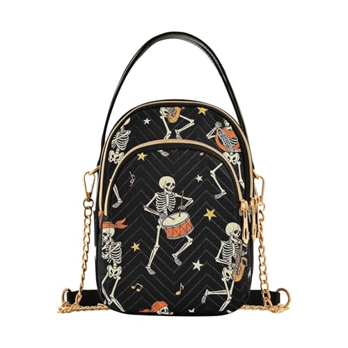 EOSDT One Shoulder Handtaschen Cute Skelette Musical Schwarz Gesteppte Handy Handtasche Kleine Kette Geldbörse Niedlich Reißverschluss Damen Crossbody Bag 15 cm × 21,1 cm × 7,9 cm von EOSDT