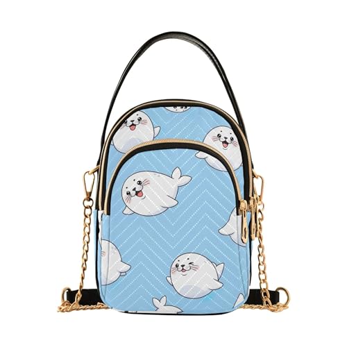 EOSDT One Shoulder Handtaschen Gesteppt Handy Geldbörse Kette Geldbörse Lustiger Reißverschluss Crossbody Bowler Bag Cute Cartoon Siegel Weiß Blau von EOSDT