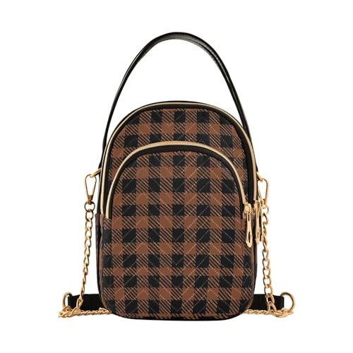 EOSDT One Shoulder Handtaschen Gesteppte Kette Riemen Handy Geldbörse Handtasche Tierdruck Reißverschluss Lady Bowler Satchel Classic Buffalo Plaid Schwarz Braun von EOSDT