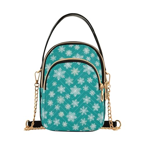 EOSDT Schulterhandtaschen für Damen, Weißgold, Schneeflocken, Blaugrün, gesteppte Kette, Geldbörse, Handy, Geldbörse, niedlicher Reißverschluss, 15 x 21 x 7,9 cm von EOSDT