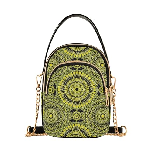 EOSDT Schultertasche für Damen, lustige Handy-Geldbörse, Kettenriemen, gesteppt, für Damen, Umhängetasche, helle Kreise, schwarz-goldene Texturen von EOSDT