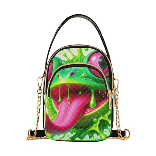 EOSDT Splash Frog Damen-Schultertasche, Handy-Handtasche, kleine Kette, Geldbörse, Blumendruck, Reißverschluss, Crossbody-Tasche, 15 x 21 x 7,9 cm, Neongrün von EOSDT