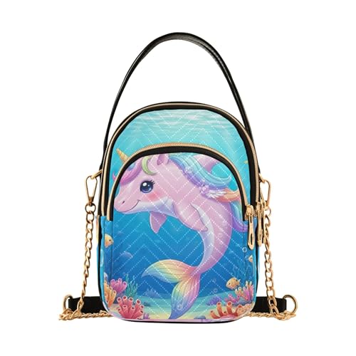 EOSDT Süße Cartoon-Einhorn-Delfin-Damen-Schulter-Handtasche, Handy-Handtasche, kleine Kette, Geldbörse, Blumendruck, Designer-Umhängetasche, 15 x 21 x 7,9 cm von EOSDT