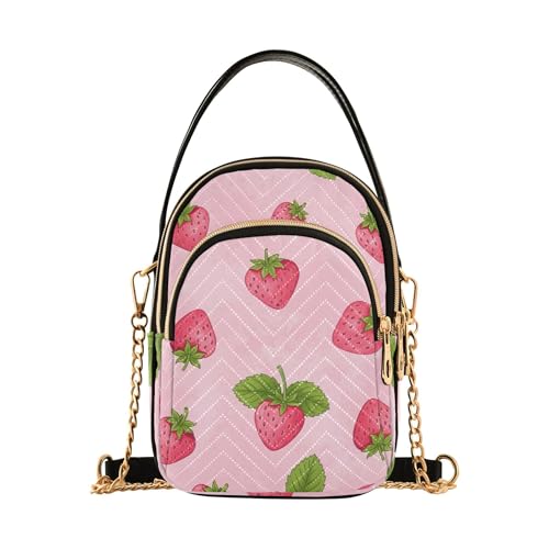 EOSDT Süße rosa Erdbeeren Blätter Rosa Frauen über der Schulter Geldbörse gesteppte Kette Geldbörse Handy Geldbörse niedlicher Reißverschluss Lady Bowler Umhängetasche von EOSDT