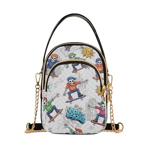 EOSDT Umhängetasche mit Cartoon-Skeletten, Skateboarding, für Damen, mit Kettenriemen, Blumendruck, Designer-Umhängetasche, 15 x 21 x 7,9 cm EOSDT Umhängetasche mit Cartoon-Skeletten, Skateboarding, für Damen, mit Kettenriemen, Blumendruck, Designer-Umhängetasche, 15 x 21 x 7,9 cm von EOSDT