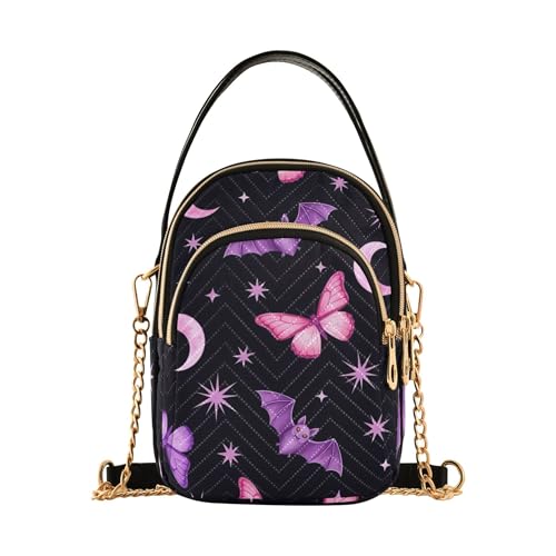 EOSDT Violette rosa Fledermäuse Halloween Einzelschulterhandtasche Frauen Handy Handtasche Kleine Kette Geldbörse Blumendruck Damen Crossbody Umhängetasche 15 x 21 x 7,9 cm von EOSDT