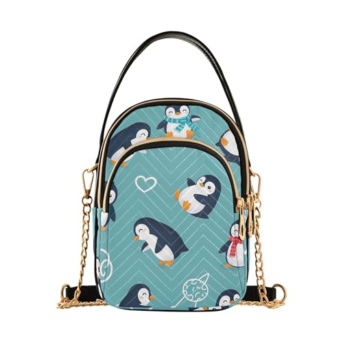 Niedliche Cartoon-Pinguine, blaugrüne Schulter-Handtasche für Damen, pastellfarbene Handytaschen mit Kettenriemen, gesteppte Designer-Clutch, Damen-Handtasche mit Reißverschluss von EOSDT