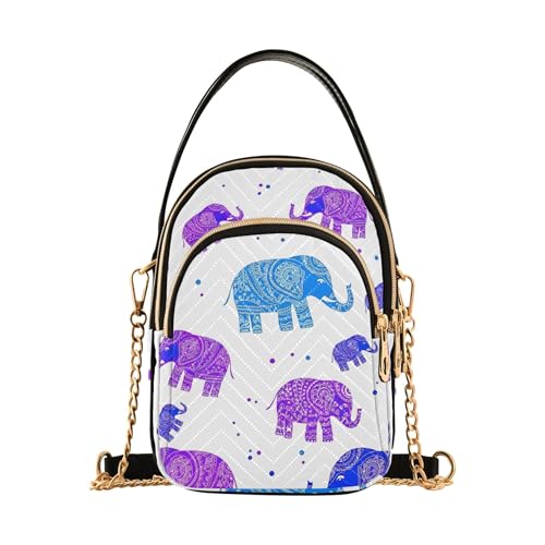 One Shoulder Handtaschen Blume Kette Riemen Handy Geldbörse gesteppt Reißverschluss Bowler Tote Damen Umhängetasche stilisierte Elefanten lila blaue Punkte von EOSDT