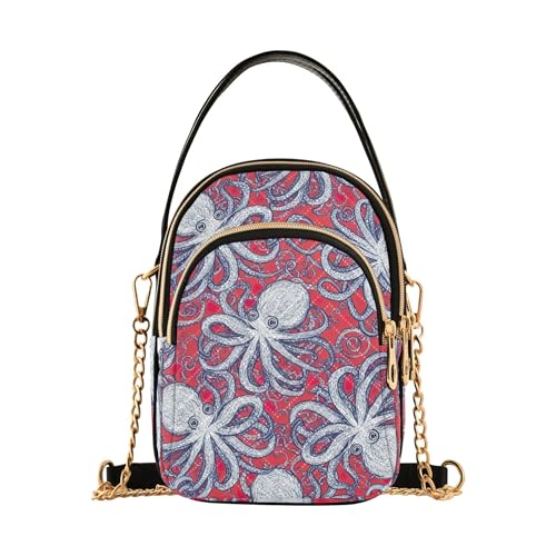 One Shoulder Handtaschen Cartoon weiße Oktopusse Drucke Rot gesteppte Kette Geldbörse Handy Geldbörse Niedlich Reißverschluss Bowler Tote Damen Umhängetasche 15 x 21 x 7,9 cm von EOSDT