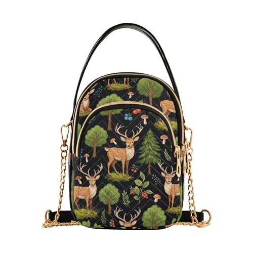 One Shoulder Handtaschen Gesteppt Handy Geldbörse Kette Riemen Pastell Reißverschluss Damen Clutch Satchel Hirsche Wald Bäume Schwarz von EOSDT