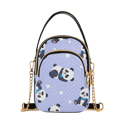 One Shoulder Handtaschen Tierdruck Kette Riemen Geldbörse Handy Geldbörse Gesteppte Designer Clutch Damen Reißverschluss Tote Cartoon Pandas Weiße Punkte Lila von EOSDT
