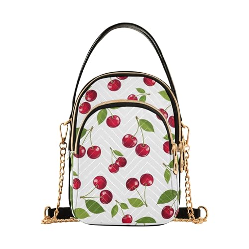 Rote Kirschen weiße Damen-Schulterhandtasche gesteppte Kette Geldbörse Handy Geldbörse niedlicher Reißverschluss Designer Bowler Tote von EOSDT