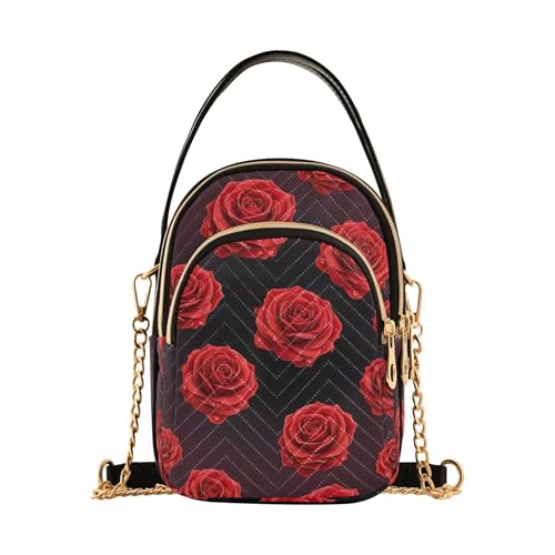 Rote Rosen schwarze One Shoulder Handtaschen Handy Geldbörse Kette Riemen Geldbörse Blumendruck Damen Crossbody Umhängetasche 15 x 21 x 7,9 cm von EOSDT