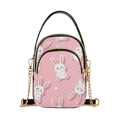 Süße Hasen weiße Hasen rosa Frauen Schulterhandtasche Handy Geldbörse Kette Riemen Geldbörse Blumendruck Reißverschluss Damen Crossbody Tasche, 15 x 21 x 7,9 cm von EOSDT
