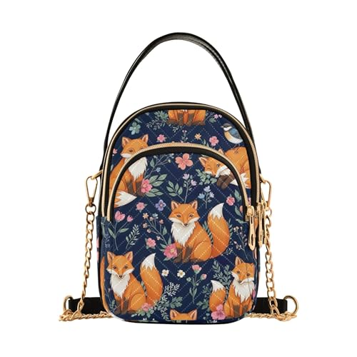Süße orangefarbene Füchse, buntes Blumenmuster, Damen-Schultertasche, gesteppter Kettenriemen, Handy-Handtasche, niedliche Designer-Clutch, Damen-Handtasche mit Reißverschluss von EOSDT