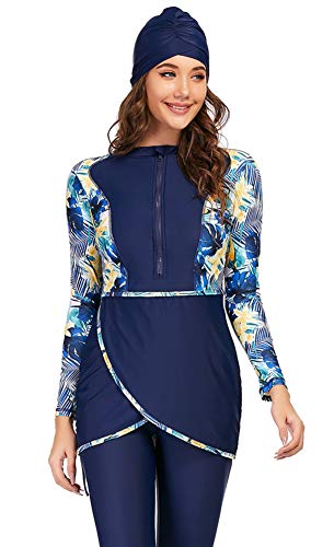 EOTCT Muslimische Badeanzug Damen Neu 3 Stück Langarm Modest Bademode Islamisch Arabisch Schwimmkostüm Hijab Burkini Built in Bra Full Cover Muslim Swimsuits (Blau, XXXL) von EOTCT