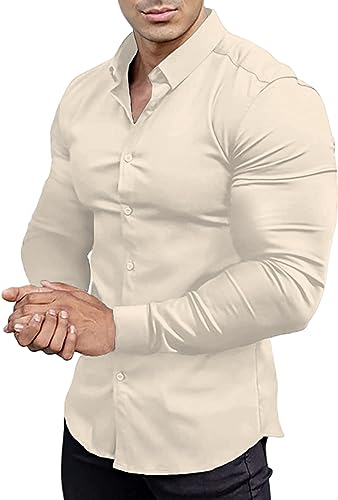 EOUOSS Herren Muscle Fit Dress Shirts Athletic Slim Fit Langarm Stretch Faltenfrei Casual Button Down Shirt, Beige, Mittel von EOUOSS