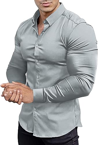 EOUOSS Herren Muscle Fit Dress Shirts Athletic Slim Fit Langarm Stretch Faltenfrei Casual Button Down Shirt, Eisengrau, Mittel von EOUOSS