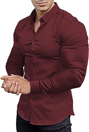 EOUOSS Herren Muscle Fit Dress Shirts Athletic Slim Fit Langarm Stretch Faltenfrei Casual Button Down Shirt, Jam Red, L von EOUOSS