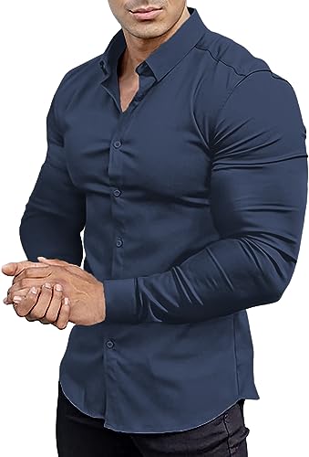 EOUOSS Herrenhemd, Muskel-Passform, athletisch, schmale Passform, langärmelig, Stretch, lässig, Button-Down-Shirt, Marineblau, Klein von EOUOSS