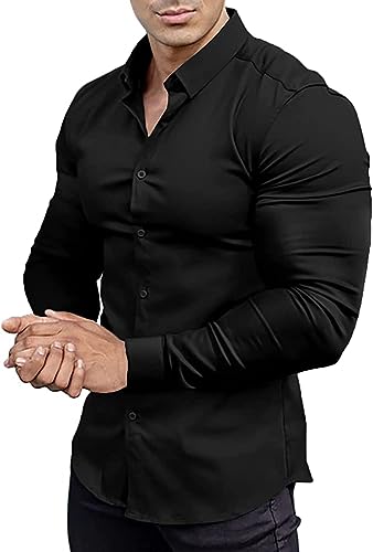EOUOSS Herren Muscle Fit Dress Shirts Athletic Slim Fit Langarm Stretch Faltenfrei Casual Button Down Shirt, Schwarz, L von EOUOSS