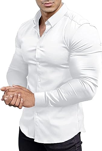 EOUOSS Herren Muscle Fit Dress Shirts Athletic Slim Fit Langarm Stretch Faltenfrei Casual Button Down Shirt, Weiss/opulenter Garten, L von EOUOSS