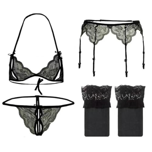 EOYVAIL Baby Dolls & Negligees für Damen,4-tlg. schwarz durchsichtige Damen offene Hose Bikini Dessous Spitze Tanga Strümpfe von EOYVAIL
