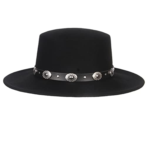 Damen Herren 100% Wolle Klassischer Filz Fedora Hut Breite Krempe Flache Oberseite Jazz Panama Hut mit Gürtelschnalle Casual Party Kirche Hut Schwarz, Schwarz von EOZY